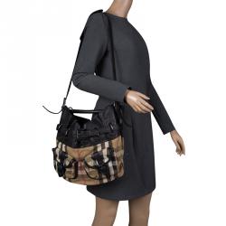 Pre Owned Burberry Black House Check Fabric and Leather Front Pocket Hobo