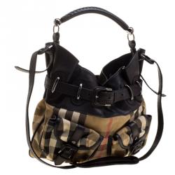 Pre Owned Burberry Black House Check Fabric and Leather Front Pocket Hobo