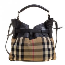 Pre Owned Burberry Black House Check Fabric and Leather Front Pocket Hobo