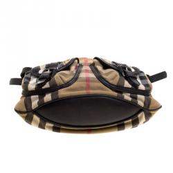 Pre Owned Burberry Black House Check Fabric and Leather Front Pocket Hobo