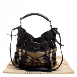 Pre Owned Burberry Black House Check Fabric and Leather Front Pocket Hobo