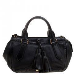 Pre Owned Burberry Black Leather Logos Fringe 2 Way Hand Shoulder Tote