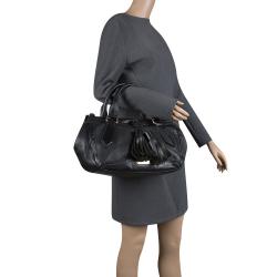 Pre Owned Burberry Black Leather Logos Fringe 2 Way Hand Shoulder Tote