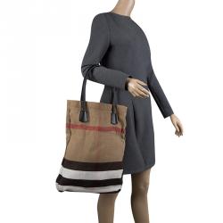 Pre Owned Burberry Brown Brit Check Canvas Tote