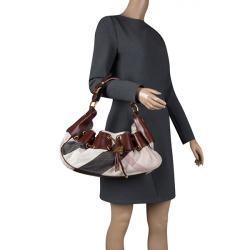 Pre Owned Burberry Brown Supernova Check Fabric  and Leather Warrior Hobo