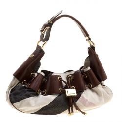 Pre Owned Burberry Brown Supernova Check Fabric  and Leather Warrior Hobo