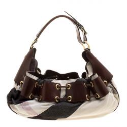 Pre Owned Burberry Brown Supernova Check Fabric  and Leather Warrior Hobo