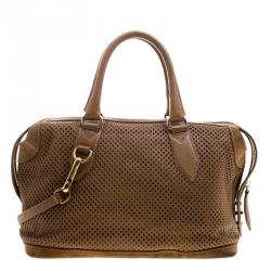 Pre Owned Burberry Brown Perforated Leather Medium Gilmore Satchel