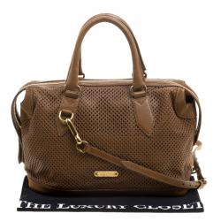 Pre Owned Burberry Brown Perforated Leather Medium Gilmore Satchel