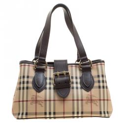 Pre Owned Burberry Beige/Dark Brown Haymarket Check Coated Canvas Shoulder Bag