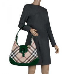 Pre Owned Burberry Beige/Green Nova Check PVC and Patent Leather Brooke Hobo