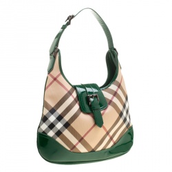 Pre Owned Burberry Beige/Green Nova Check PVC and Patent Leather Brooke Hobo