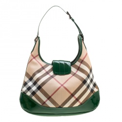 Pre Owned Burberry Beige/Green Nova Check PVC and Patent Leather Brooke Hobo