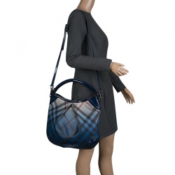 Pre Owned Burberry Jet Blue Nova Pop Check PVC and Patent Leather Medium Craigwell Hobo 