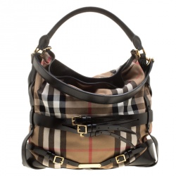 Pre Owned Burberry Beige/Black House Check Canvas and Leather Medium Bridle Gosford Hobo