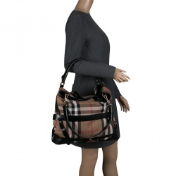 Pre Owned Burberry Beige/Black House Check Canvas and Leather Medium Bridle Gosford Hobo