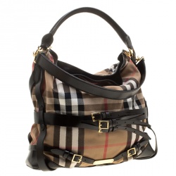 Pre Owned Burberry Beige/Black House Check Canvas and Leather Medium Bridle Gosford Hobo