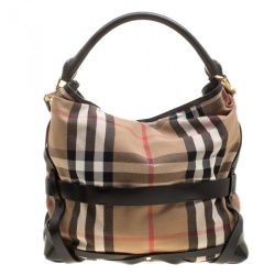 Pre Owned Burberry Beige/Black House Check Canvas and Leather Medium Bridle Gosford Hobo