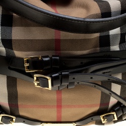 Pre Owned Burberry Beige/Black House Check Canvas and Leather Medium Bridle Gosford Hobo