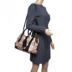 Pre Owned Burberry Beige/Brown Haymarket Check PVC and Leather Gladstone Bowling Bag