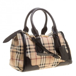 Pre Owned Burberry Beige/Brown Haymarket Check PVC and Leather Gladstone Bowling Bag