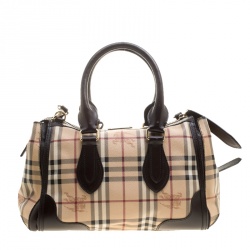 Pre Owned Burberry Beige/Brown Haymarket Check PVC and Leather Gladstone Bowling Bag