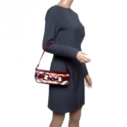 Pre Owned Burberry Beige/Red Nova Check Coated Canvas Pochette Shoulder Bag