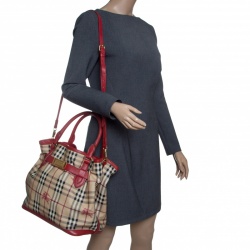 Pre Owned Burberry Beige/Red Haymarket Check PVC and Leather Medium Golderton Tote