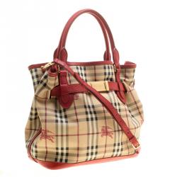 Pre Owned Burberry Beige/Red Haymarket Check PVC and Leather Medium Golderton Tote