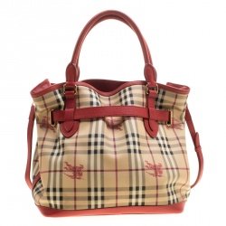 Pre Owned Burberry Beige/Red Haymarket Check PVC and Leather Medium Golderton Tote