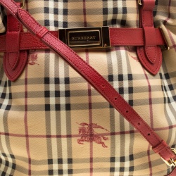 Pre Owned Burberry Beige/Red Haymarket Check PVC and Leather Medium Golderton Tote
