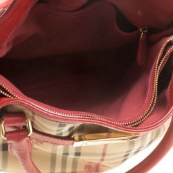 Pre Owned Burberry Beige/Red Haymarket Check PVC and Leather Medium Golderton Tote