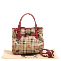 Pre Owned Burberry Beige/Red Haymarket Check PVC and Leather Medium Golderton Tote