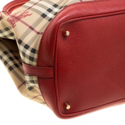 Pre Owned Burberry Beige/Red Haymarket Check PVC and Leather Medium Golderton Tote