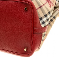 Pre Owned Burberry Beige/Red Haymarket Check PVC and Leather Medium Golderton Tote