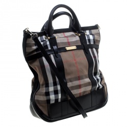 Pre Owned Burberry Beige/Black House Check Canvas and Leather Tote