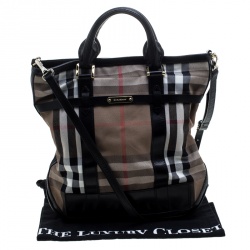 Pre Owned Burberry Beige/Black House Check Canvas and Leather Tote