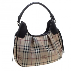 Pre Owned Burberry Beige/Brown Haymarket Check PVC and Leather Brooklyn Hobo