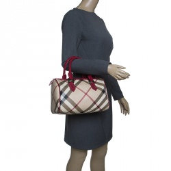 Pre Owned Burberry Beige/Raspberry Nova Check PVC and Patent Leather Chester Boston Bag