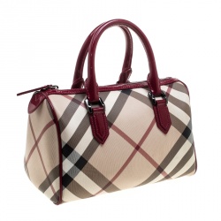 Pre Owned Burberry Beige/Raspberry Nova Check PVC and Patent Leather Chester Boston Bag