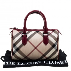Pre Owned Burberry Beige/Raspberry Nova Check PVC and Patent Leather Chester Boston Bag