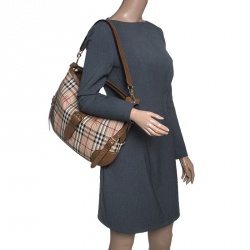 Pre Owned Burberry Beige/Brown Haymarket Check PVC and Leather Stitched Dunloe Hobo