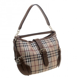 Pre Owned Burberry Beige/Brown Haymarket Check PVC and Leather Stitched Dunloe Hobo