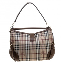 Pre Owned Burberry Beige/Brown Haymarket Check PVC and Leather Stitched Dunloe Hobo