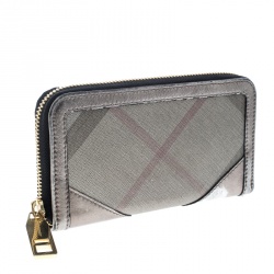 Pre Owned Burberry Grey Nova Check PVC and Leather Zip Around Wallet