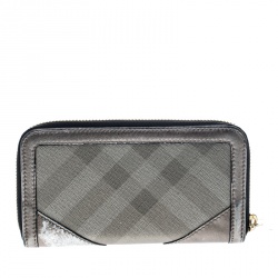Pre Owned Burberry Grey Nova Check PVC and Leather Zip Around Wallet