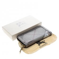 Pre Owned Burberry Grey Nova Check PVC and Leather Zip Around Wallet