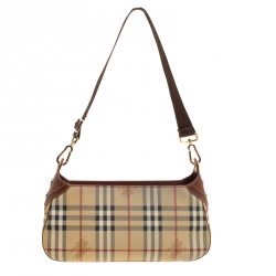 Pre Owned Burberry Beige/Copper Haymarket Check Canvas and Leather Shoulder Bag