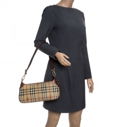 Pre Owned Burberry Beige/Copper Haymarket Check Canvas and Leather Shoulder Bag
