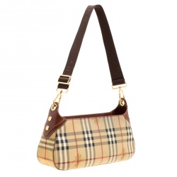 Pre Owned Burberry Beige/Copper Haymarket Check Canvas and Leather Shoulder Bag